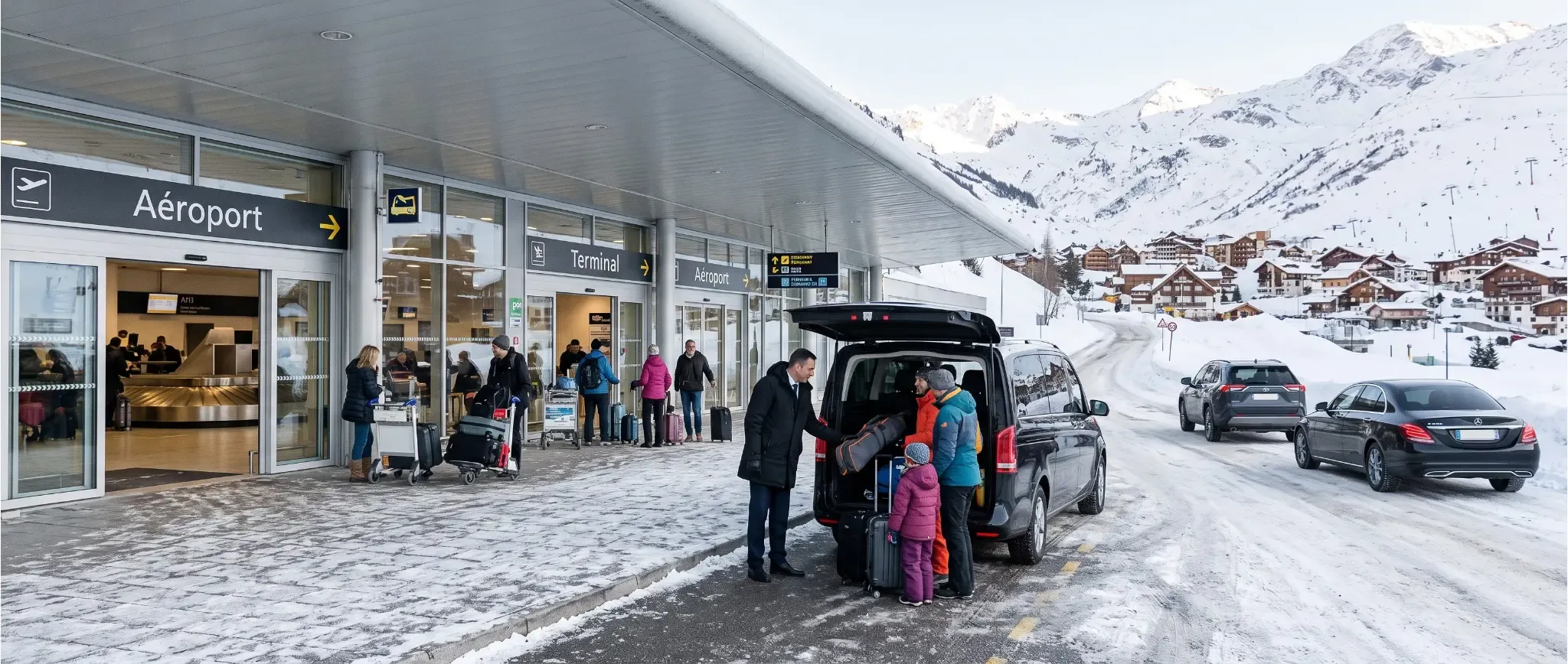 Van VTC groupe Mercedes noir neige Grenoble